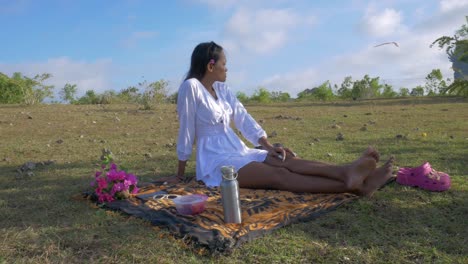 Chica-Asiática-Con-Vestido-Blanco-Haciendo-Un-Picnic-Con-Un-Perro-Marrón-En-Un-Césped