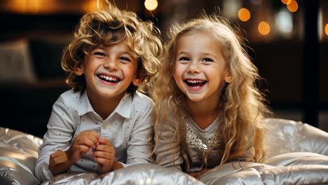 two cheerful children laughing together during indoor playtime