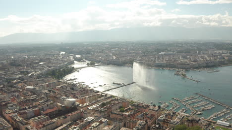 dolly back aerial shot over central geneva
