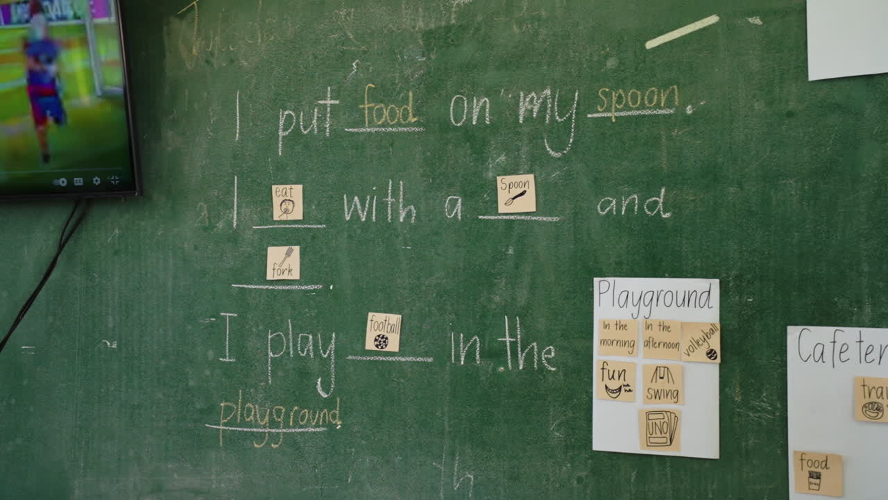 English language lessons written on school board