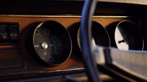 opel olympia classic car dashboard macro shot on a slider during sunset, 50 fps, slow motion