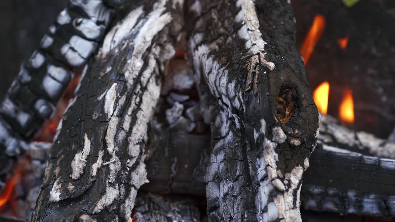 Smoldering ash in campfire. Embers of wood burning up in fire. Smoldering and burning wood fire. Close-up.