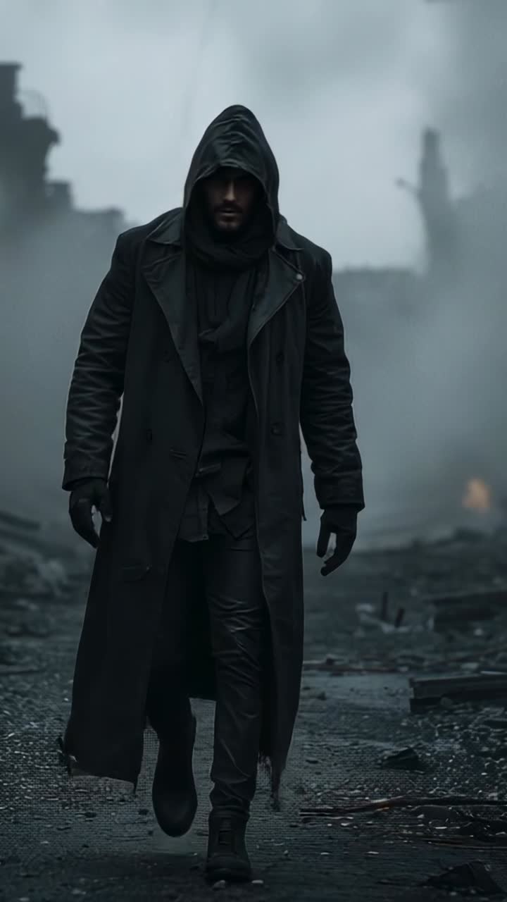 Vertical video: Emerging man in hooded coat striding through ruined street, with burning embers
