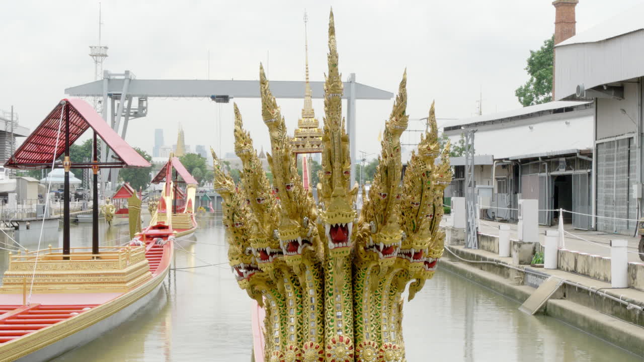 On display are the Royal Barges of Anantanakkharat, a seven-headed Nakkharat docked at the National Museum in Bangkok, Thailand.