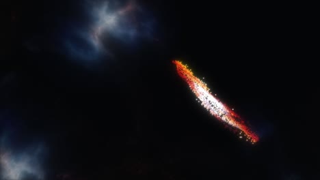 abstract many glowing particles moving and transform into spiral galaxy turning over dark background. 4k 3d animation outer space view science spirals of dust particles transformation in space.