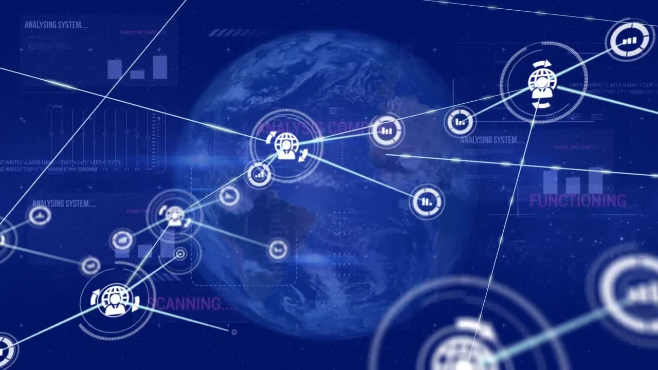 animación de la red de iconos digitales y interfaz con el procesamiento de datos contra el globo giratorio.