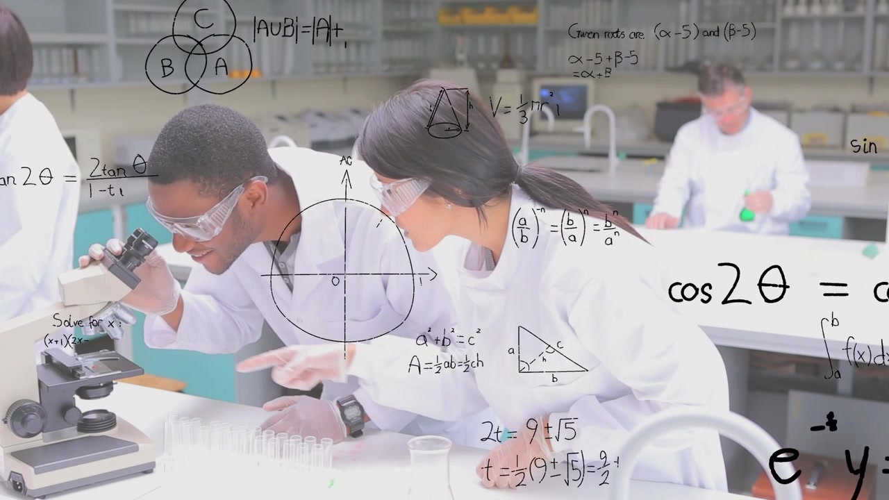 Animation of mathematical equations over diverse scientists using microscope