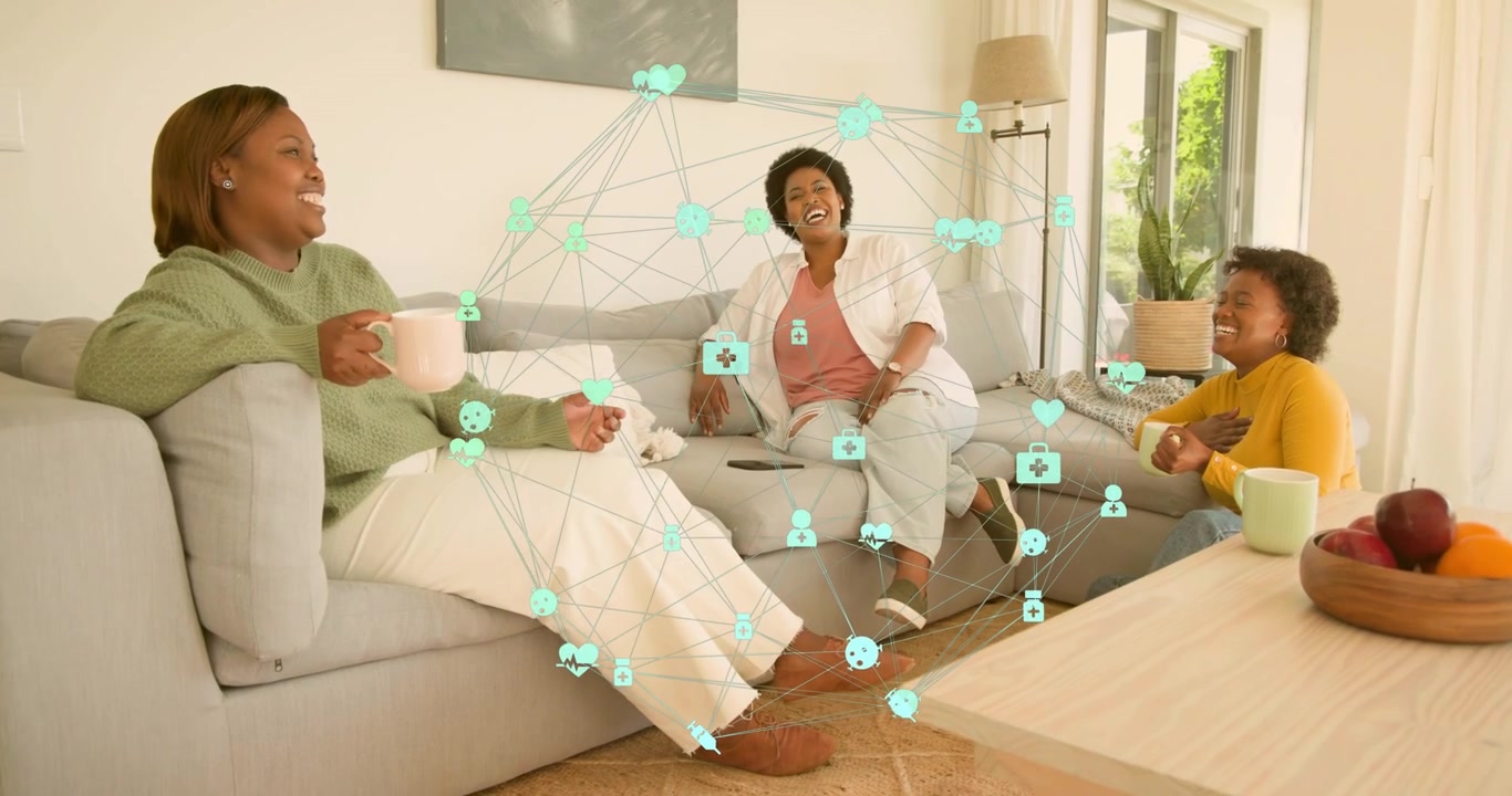Three friends talking with mugs and phone, sparking social network overlay, celebrating connection