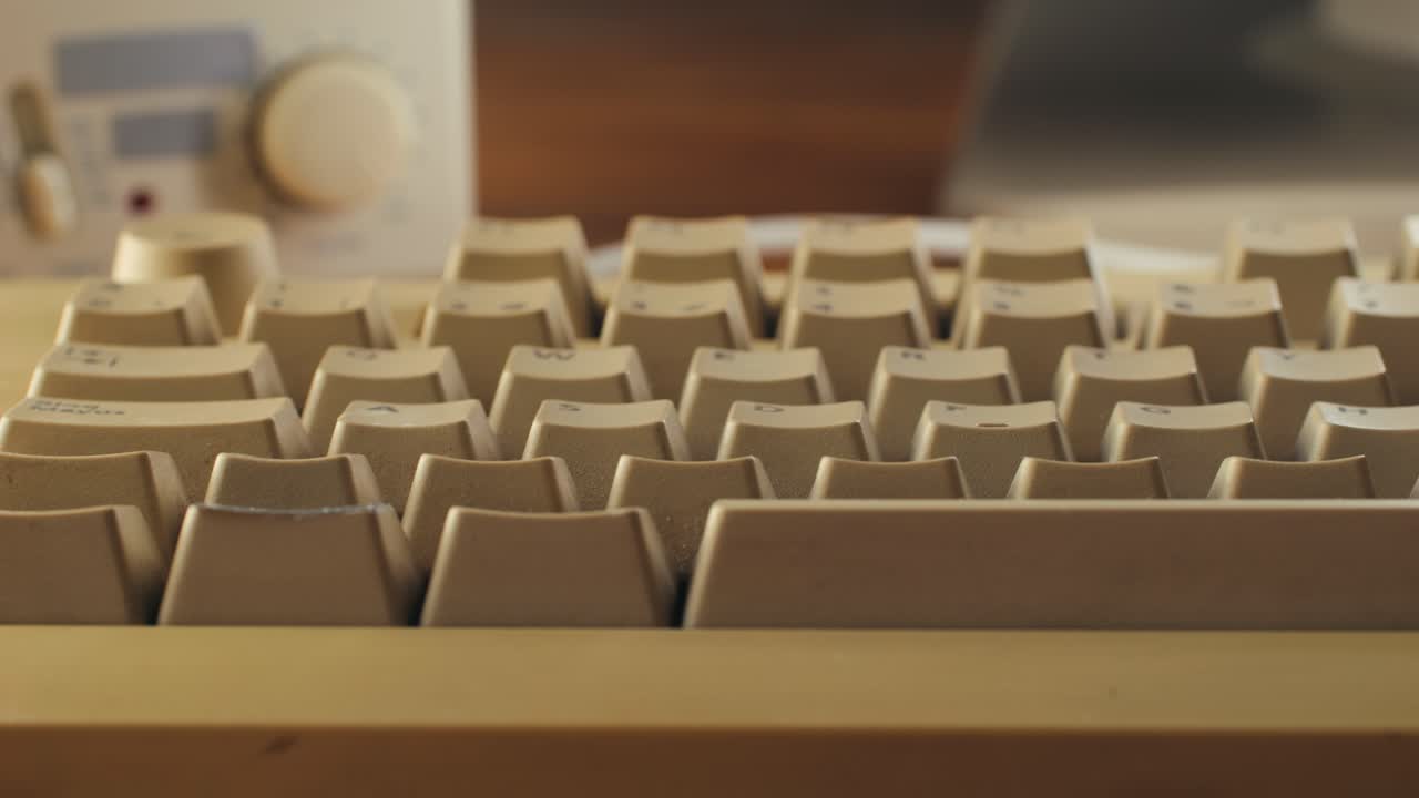 Man working and gaming on retro computer PC, IT engineer with vintage computer at home, using old fashion technology, close up of retro setup.