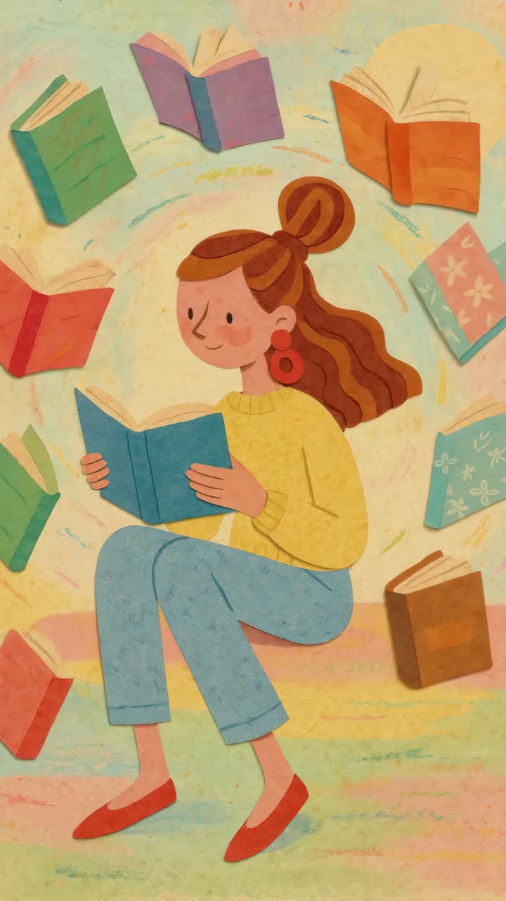 Whimsical illustration of a girl reading, surrounded by floating books