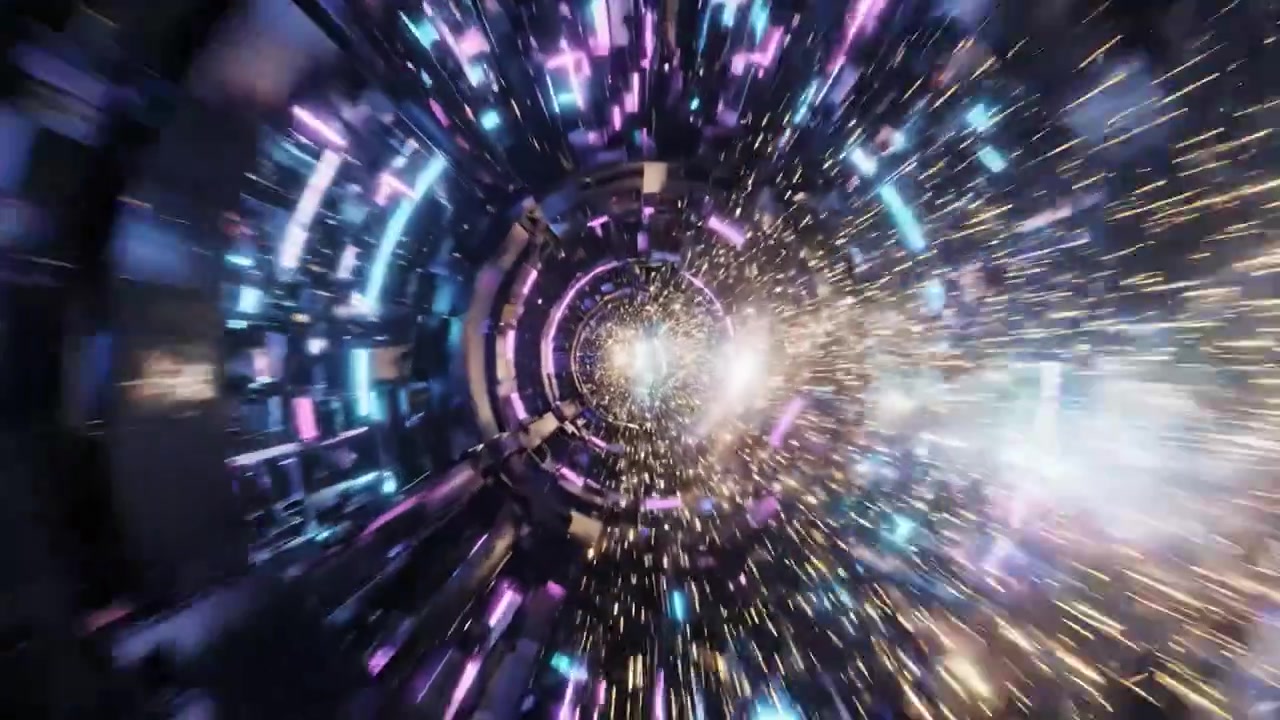 Un viaggio mozzafiato attraverso un ipnotico tunnel di luce e colore, che fonde estetica digitale e immagini fantascientifiche con motivi vibranti e movimento dinamico