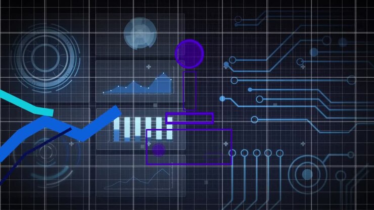 Animation of videogame controller and blue graphs moving over interface with data processing