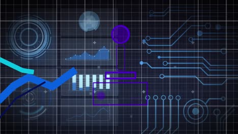 animation of videogame controller and blue graphs moving over interface with data processing
