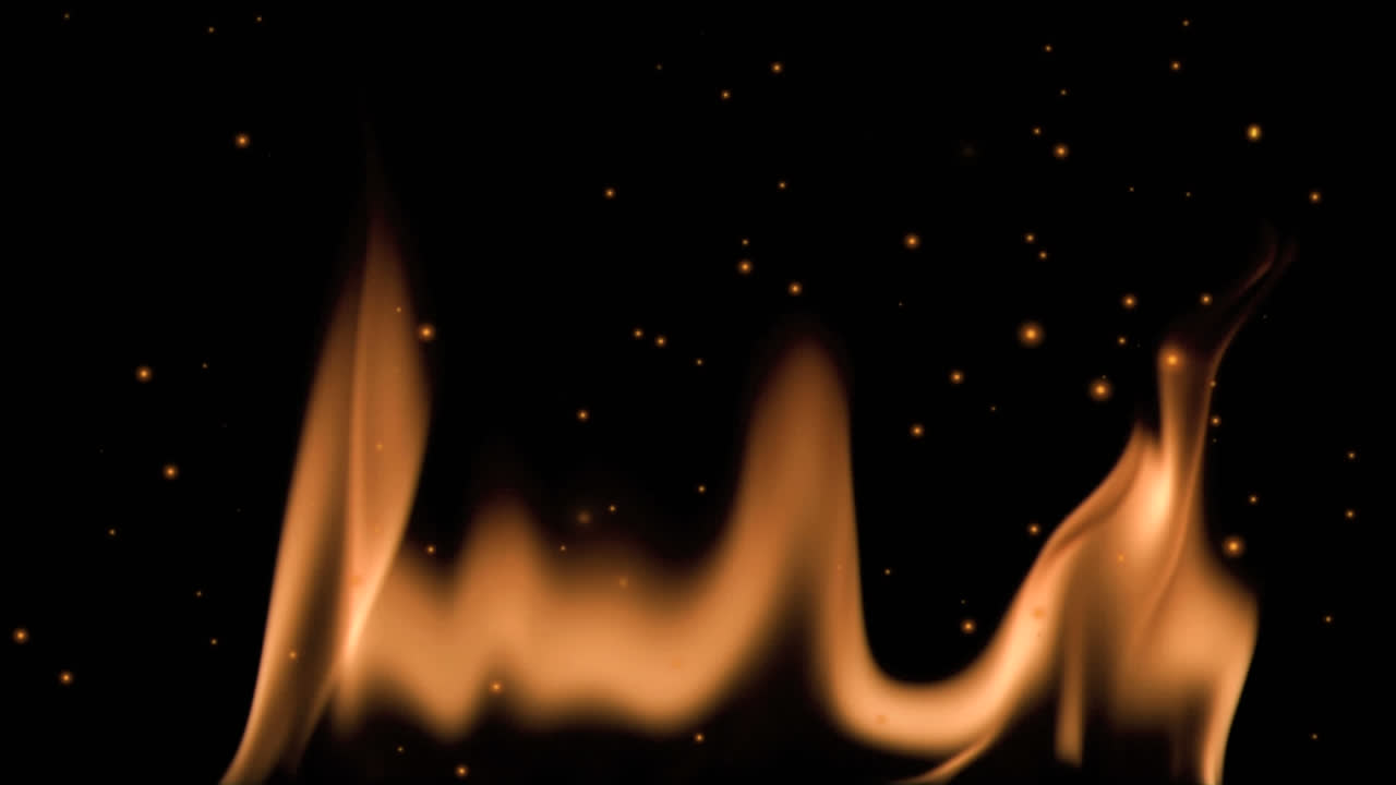 Animation of flame over golden dots falling on black background