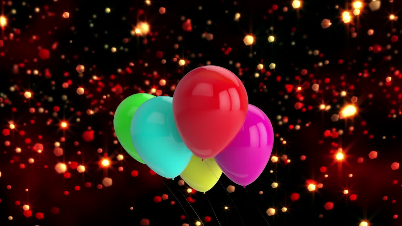 Animazione di palloncini colorati che volano e luci su sfondo nero