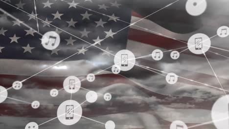 animación de la red de conexiones con iconos sobre la bandera de los estados unidos de américa y nubes