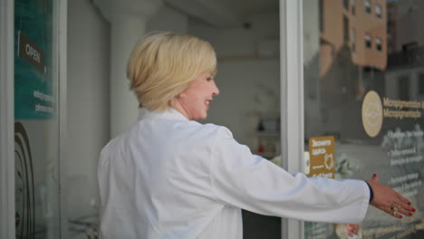 smiling doctor meeting client at clinic door closeup. happy women shaking hands