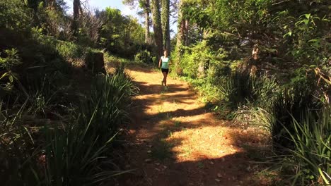 mujer corriendo por el camino del bosque
