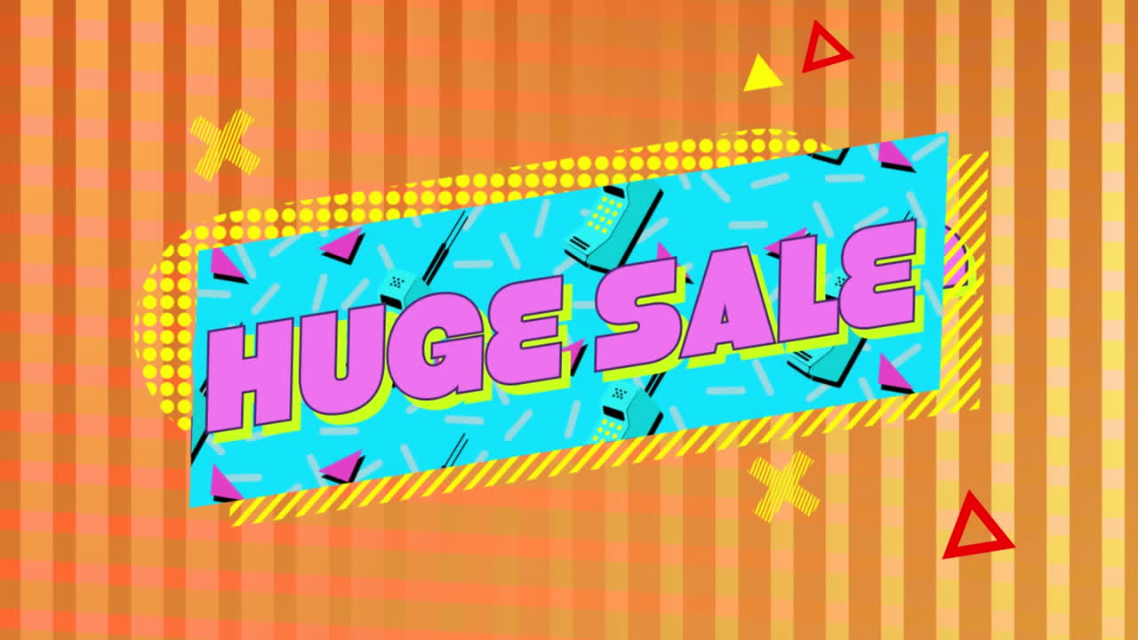 오렌지색 배경으로 움직이는 파란색 직사각형의 거대한 판매 그래픽