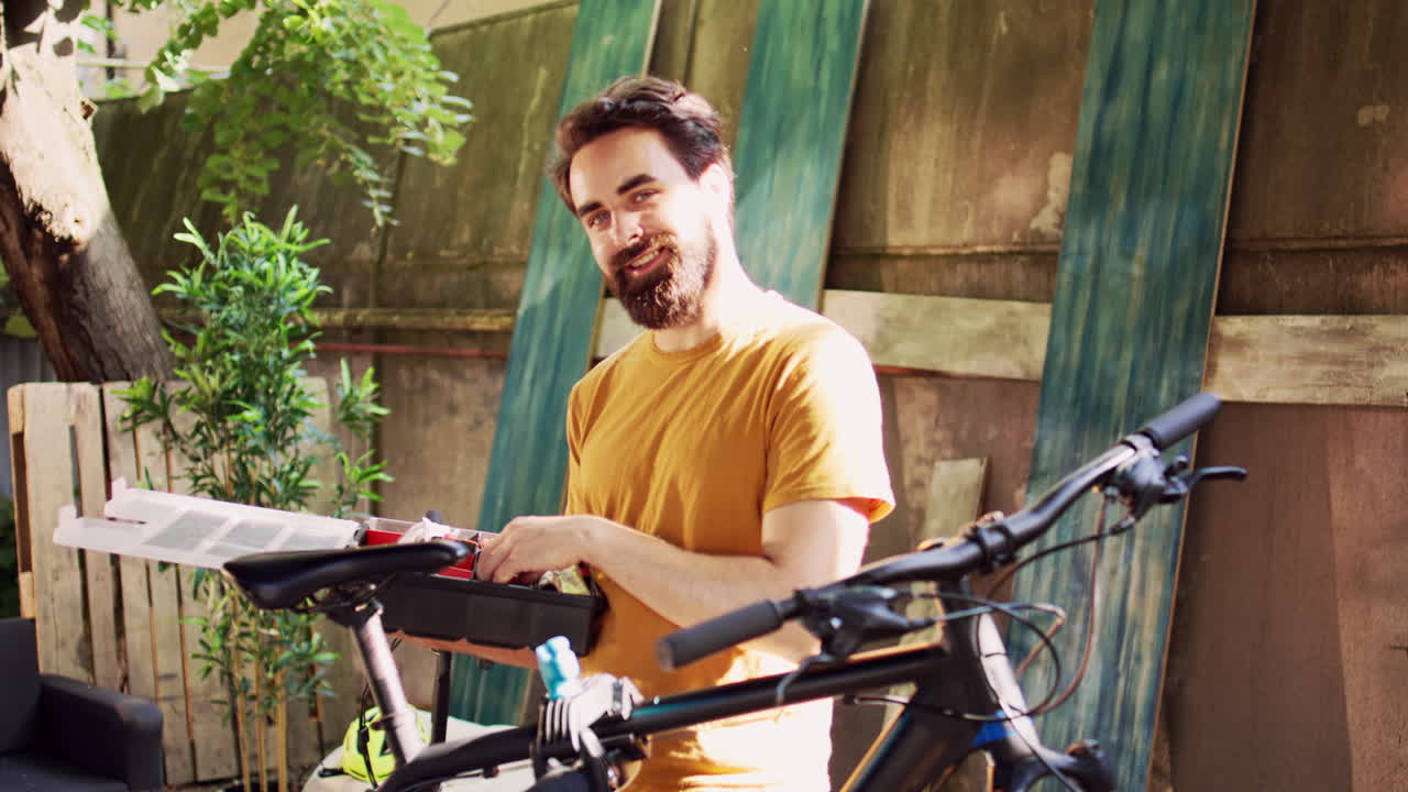 hombre amante de los deportes agarrando caja de herramientas de bicicleta