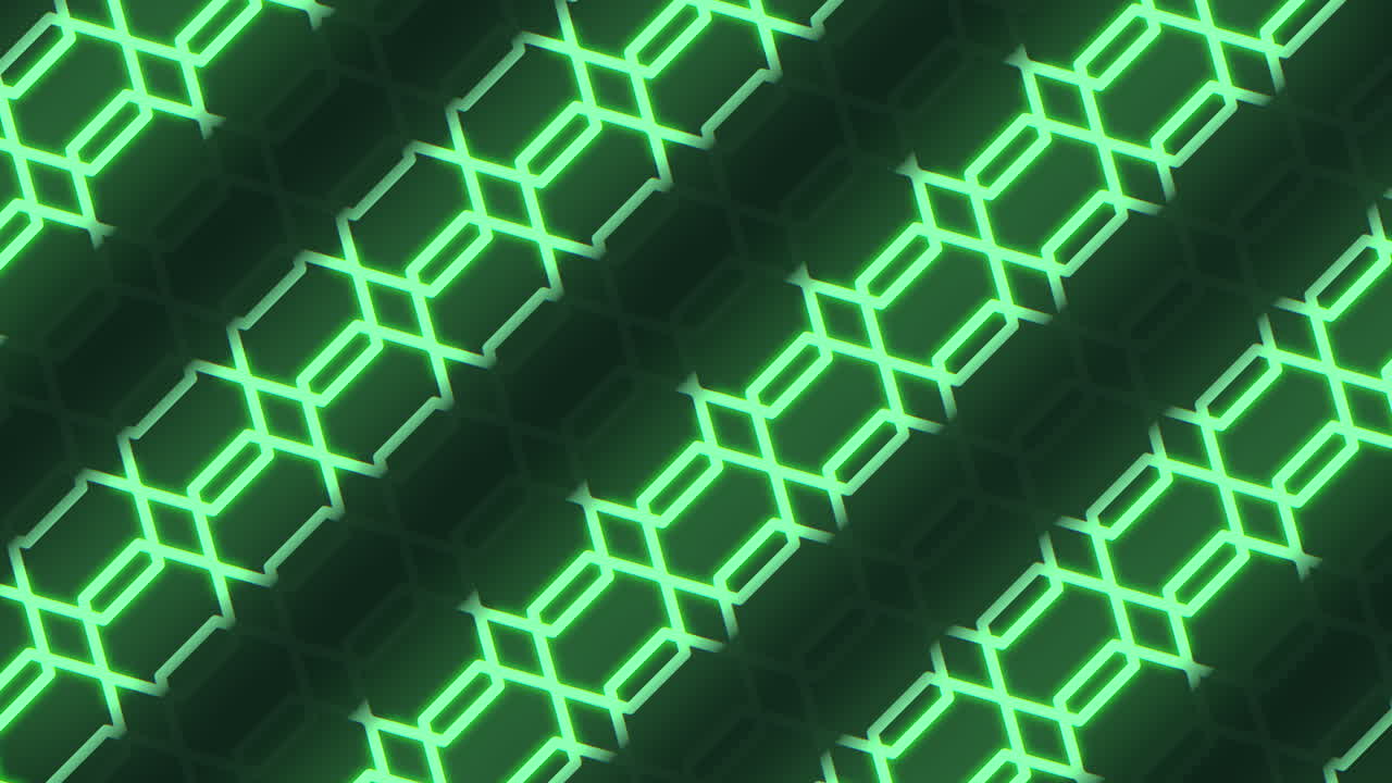 Filmato astratto di un motivo a griglia esagonale al neon verde luminoso che si muove in prospettiva, sfondo digitale futuristico per tecnologia, interfacce di fantascienza e temi cyber.