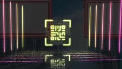 Animation-of-neon-qr-code-and-lines-moving-in-digital-space