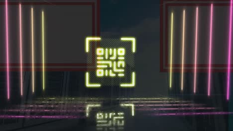 animación de código qr de neón y líneas que se mueven en el espacio digital
