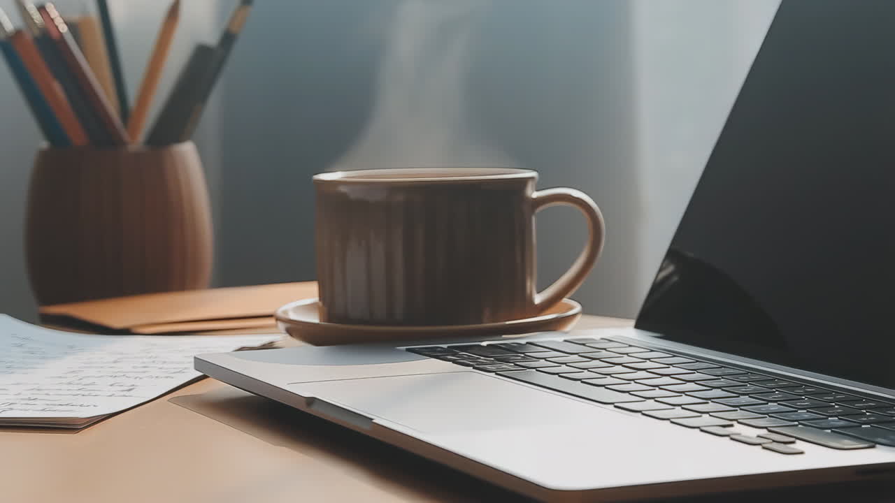 Cozy workspace with laptop and steaming coffee