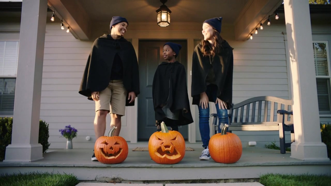 Rodzina niosąca trzy dynie, układająca je na schodach werandy, ubrana w peleryny na Halloween