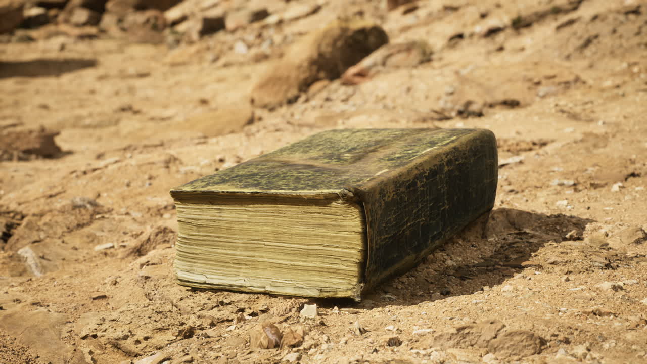 Old leather bound book rests on sandy soil in sunlit landscape