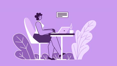 mujer de estilo púrpura personaje plano en línea trabajando en un café con portátil. animación de bucle aislado con canal alfa