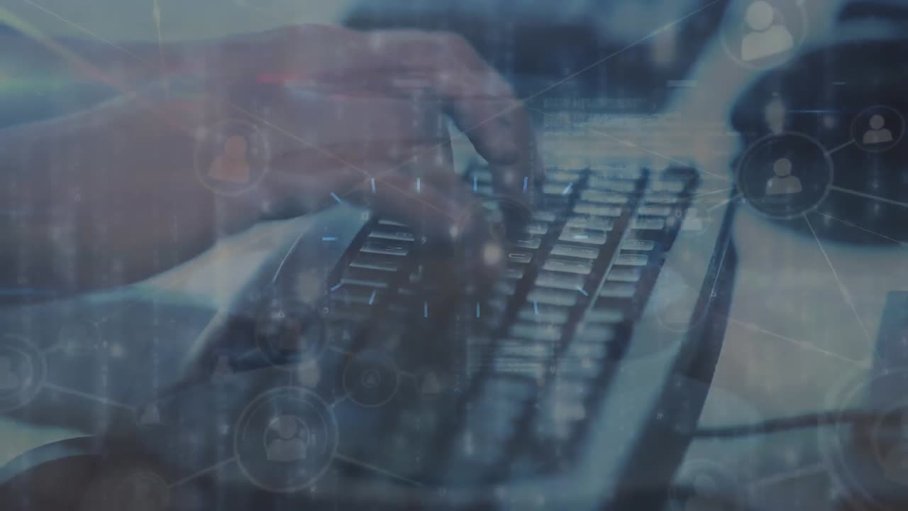 animación de la red de conexiones con iconos sobre las manos escribiendo en el teclado