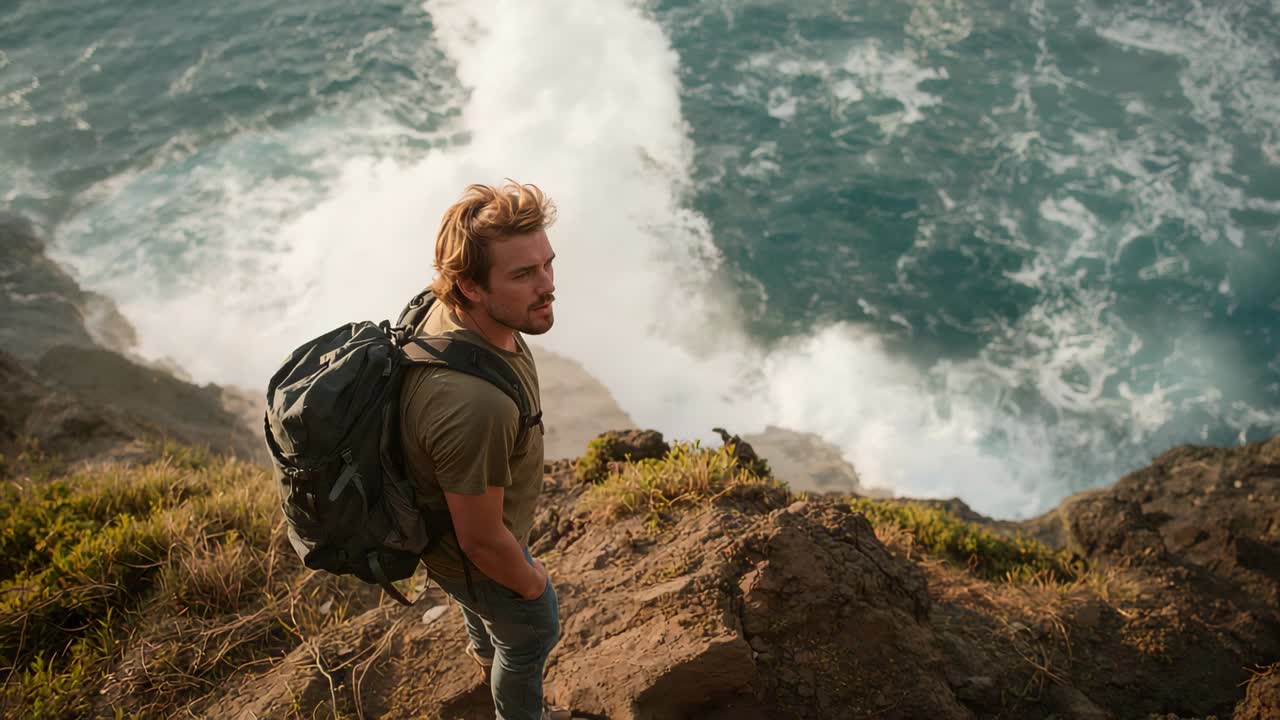 Watching man in green tee, jeans on rocky cliff, wave striking below, backpack seen
