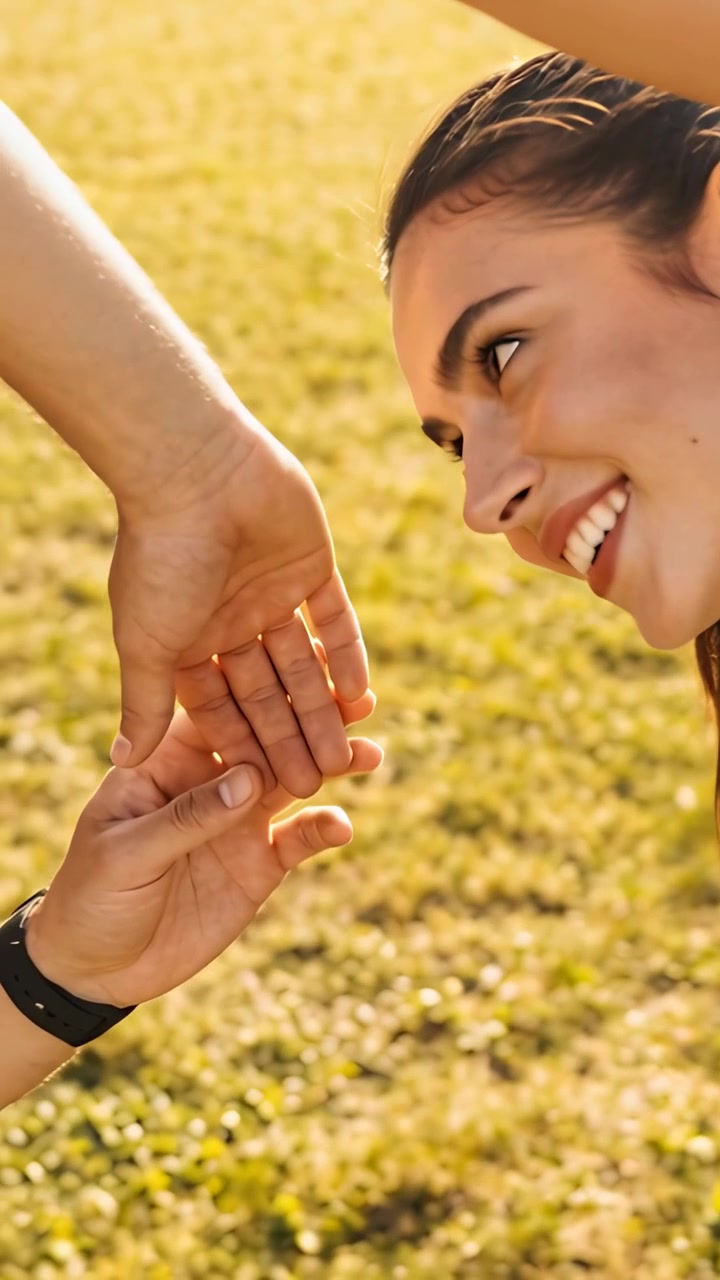 Vertical video: Entering woman leaning, linking fingers with man in grass, connecting, tracker
