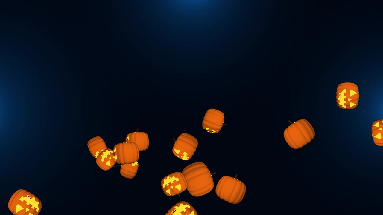 Calabaza de Halloween cayendo y girando en pantalla, fondo continuo, guirnalda 3D de hojas de otoño, festividad