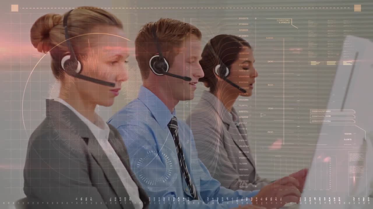 animazione dell'interfaccia digitale su persone d'affari che utilizzano cuffie telefoniche