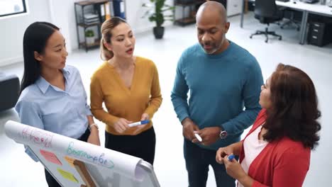 a collaborative discussion among colleagues in a modern office setting highlighting teamwork and idea exchange with written visual aids