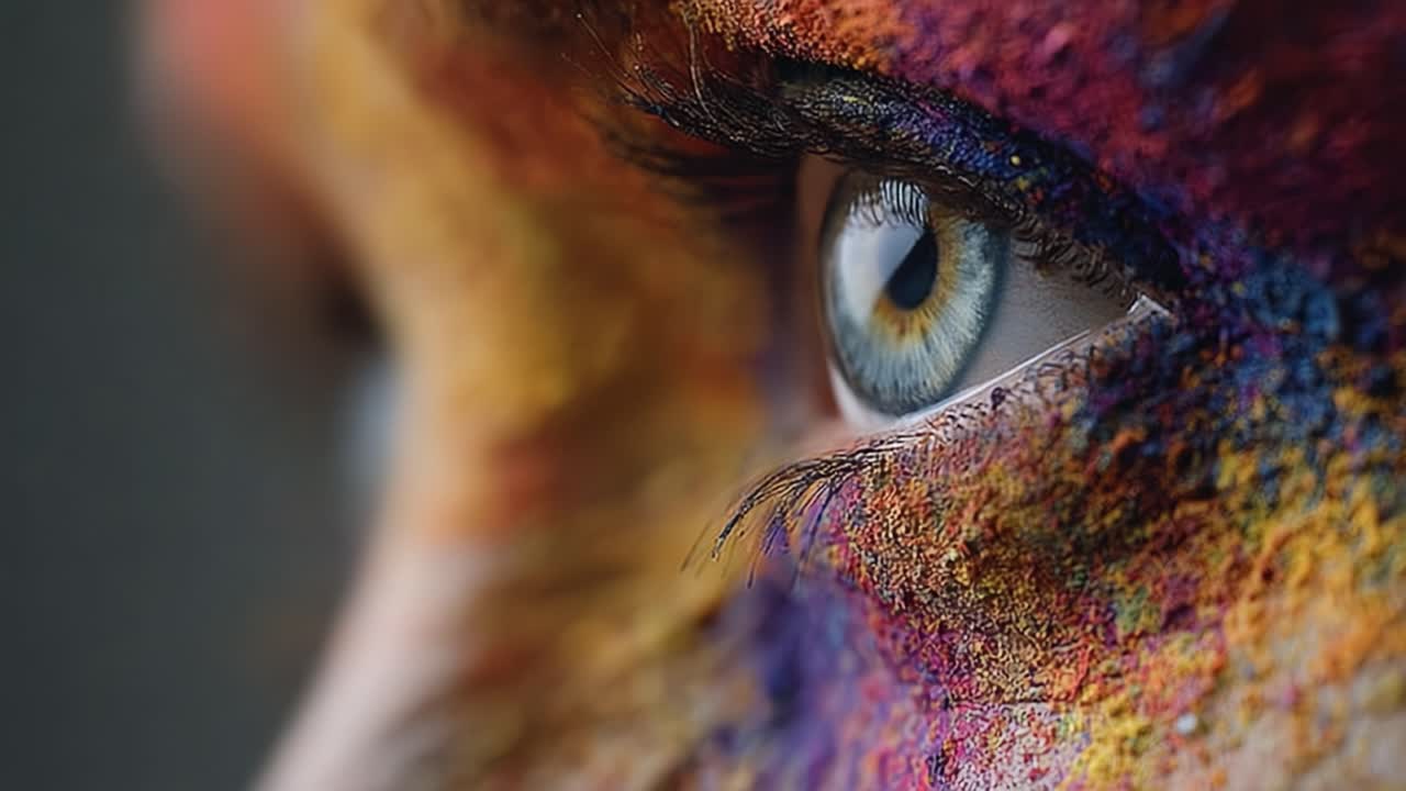 Un ipnotico primo piano di un occhio dipinto con colori vivaci che mette in risalto l'espressione artistica e i dettagli straordinari nelle tecniche di trucco