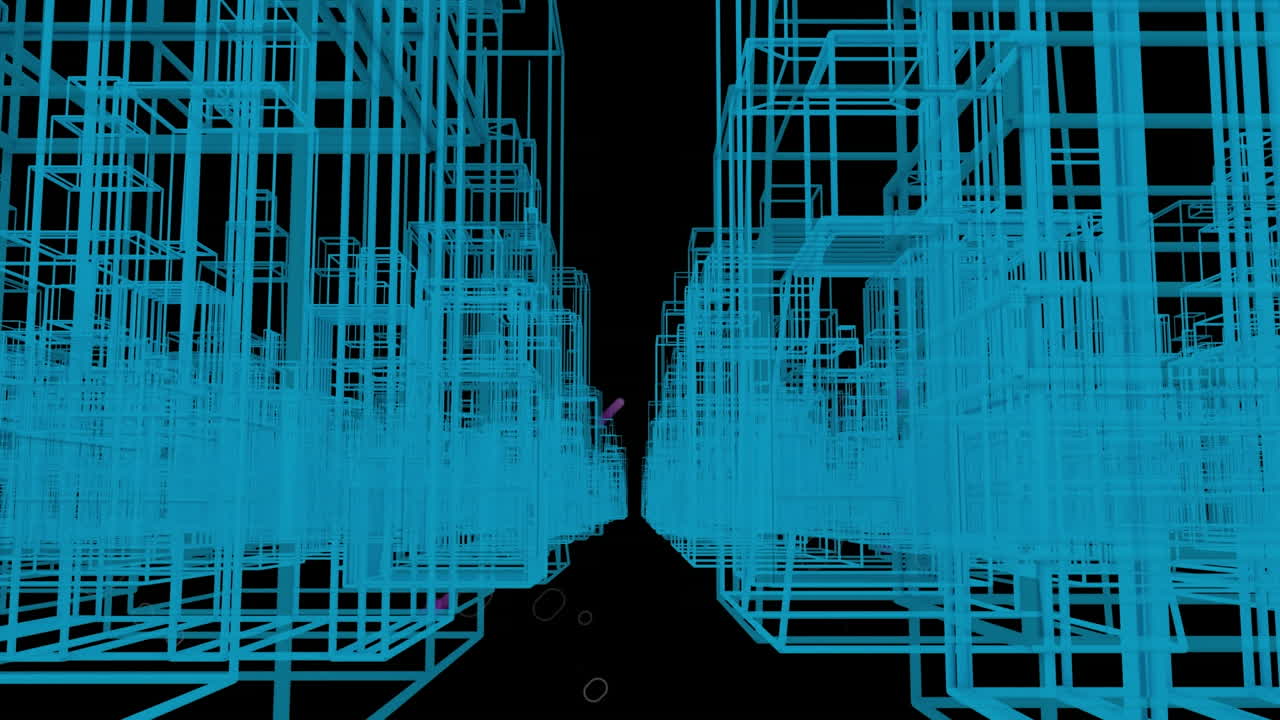 animación del paisaje urbano azul en 3d sobre rastros de luz púrpura sobre fondo negro