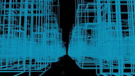 animación del paisaje urbano azul en 3d sobre rastros de luz púrpura sobre fondo negro