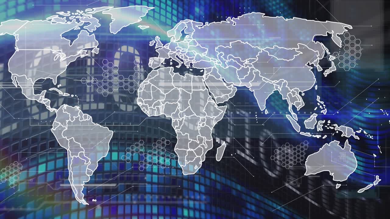 Animation of world map over binary code on display
