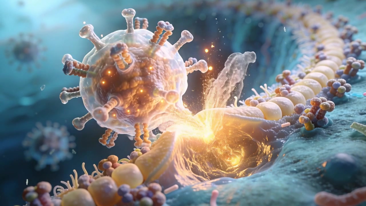 En indkapslet virus nærmer sig, binder sit protein til receptorer, smelter sammen med cellemembranen og frigiver sit genom