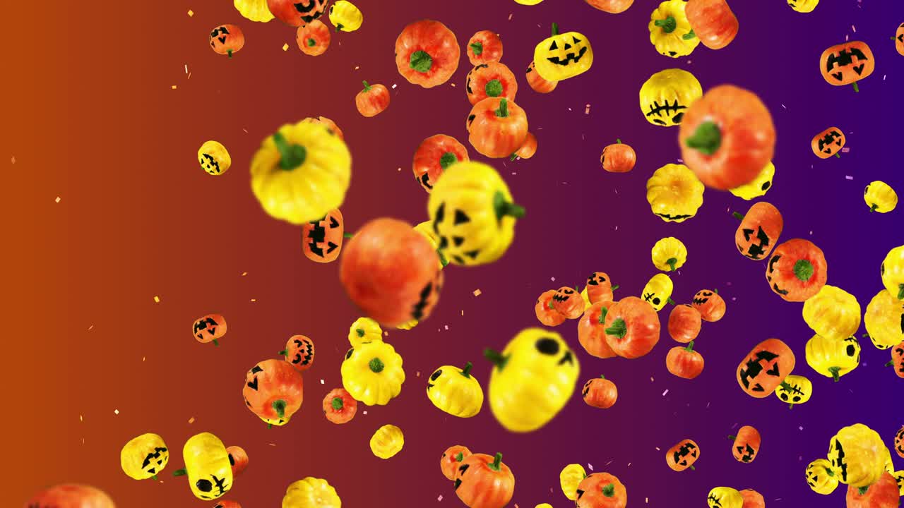 Flying many orange and yellow pumpkins. Gradient background. Cartoon faces with smile. 3D animation for the holiday Halloween. Loop animation.