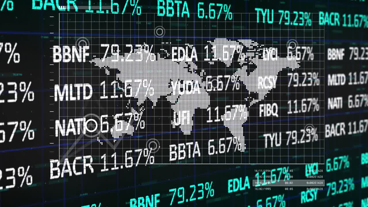 Animation of financial data processing over world map