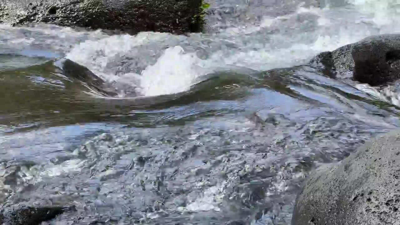 Acqua limpida che scorre sopra rocce scure del fiume