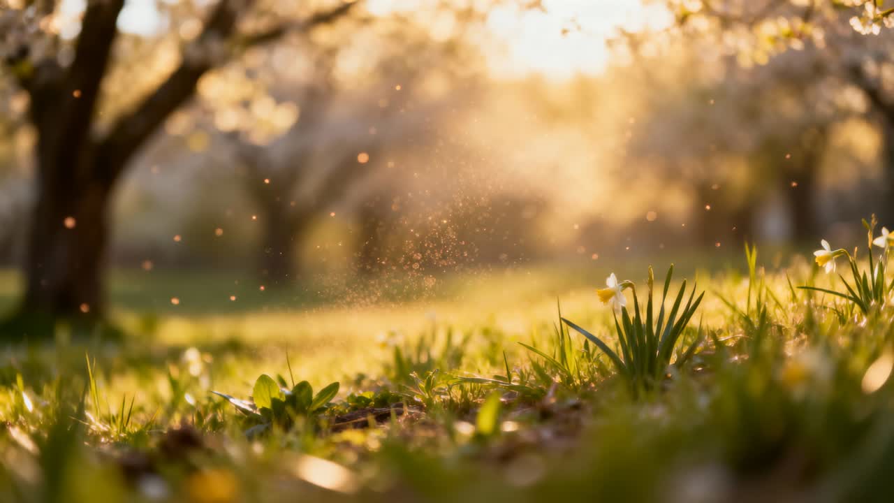 Glowing backlight growing, low grass and spring shoots swaying from light breeze, pollen drifting