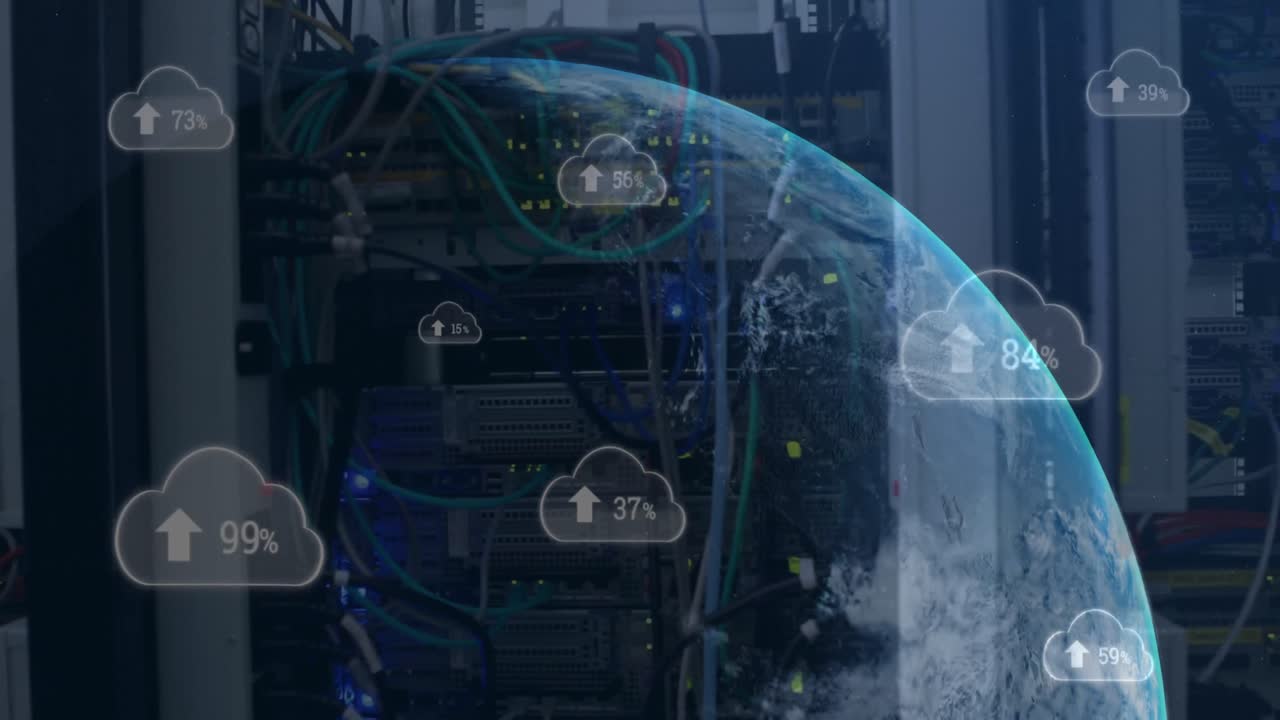 animación de flecha y números cambiantes en nubes y globo sobre sistema de servidor de datos