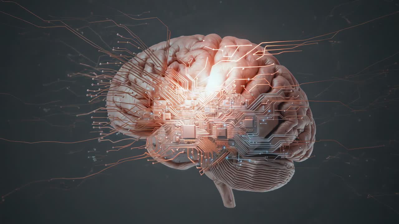 Bathing warm light on 3D brain, circuits lighting and lines pulsing for data flow, cyan panels