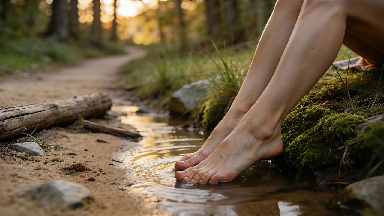 Touching water, woman in shorts pressing barefoot into small creek resting on moss bank, copy space