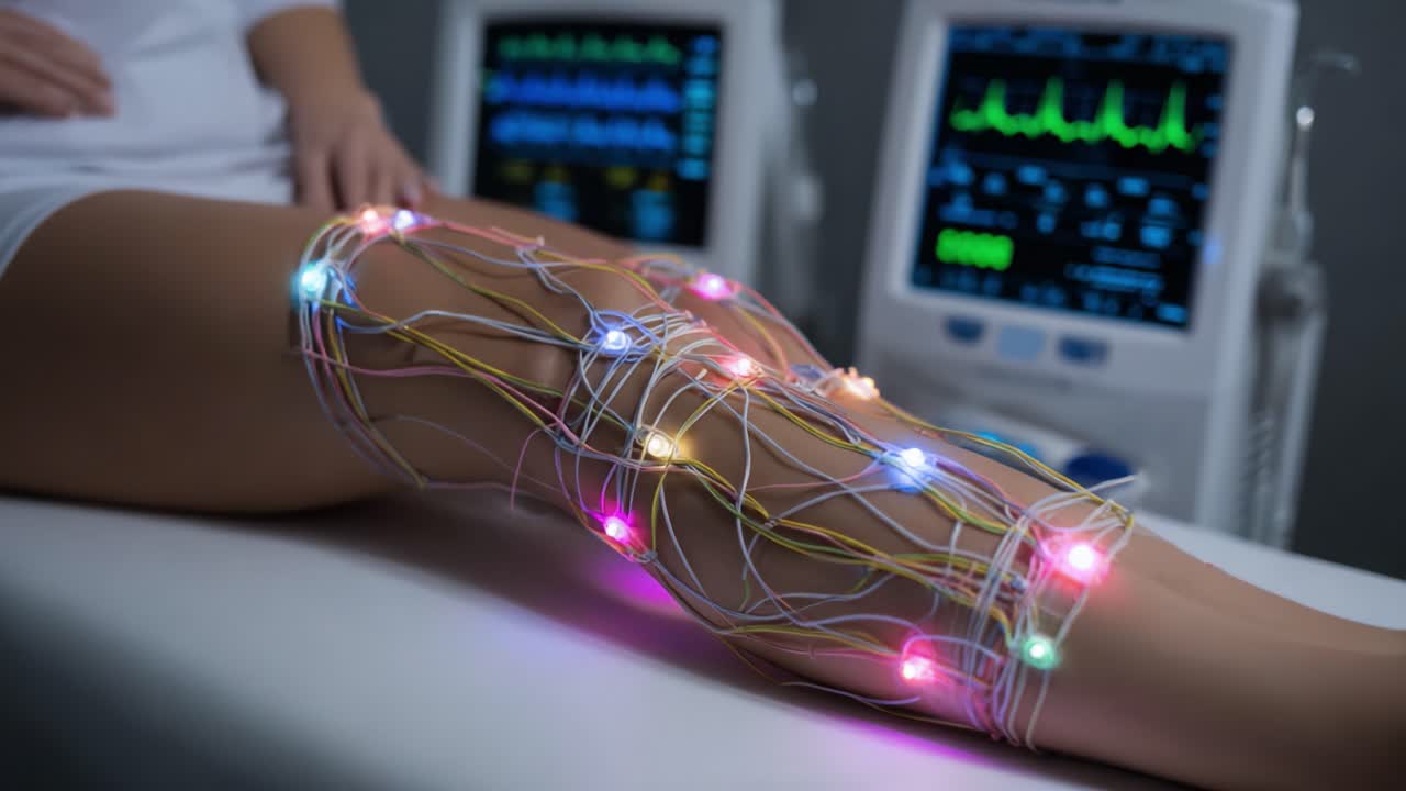Innovative Medical Technology: A Close-Up View of a Patient's Leg with Colorful Sensor Wires Attached, Monitored for Vital Signs and Health Data Analysis